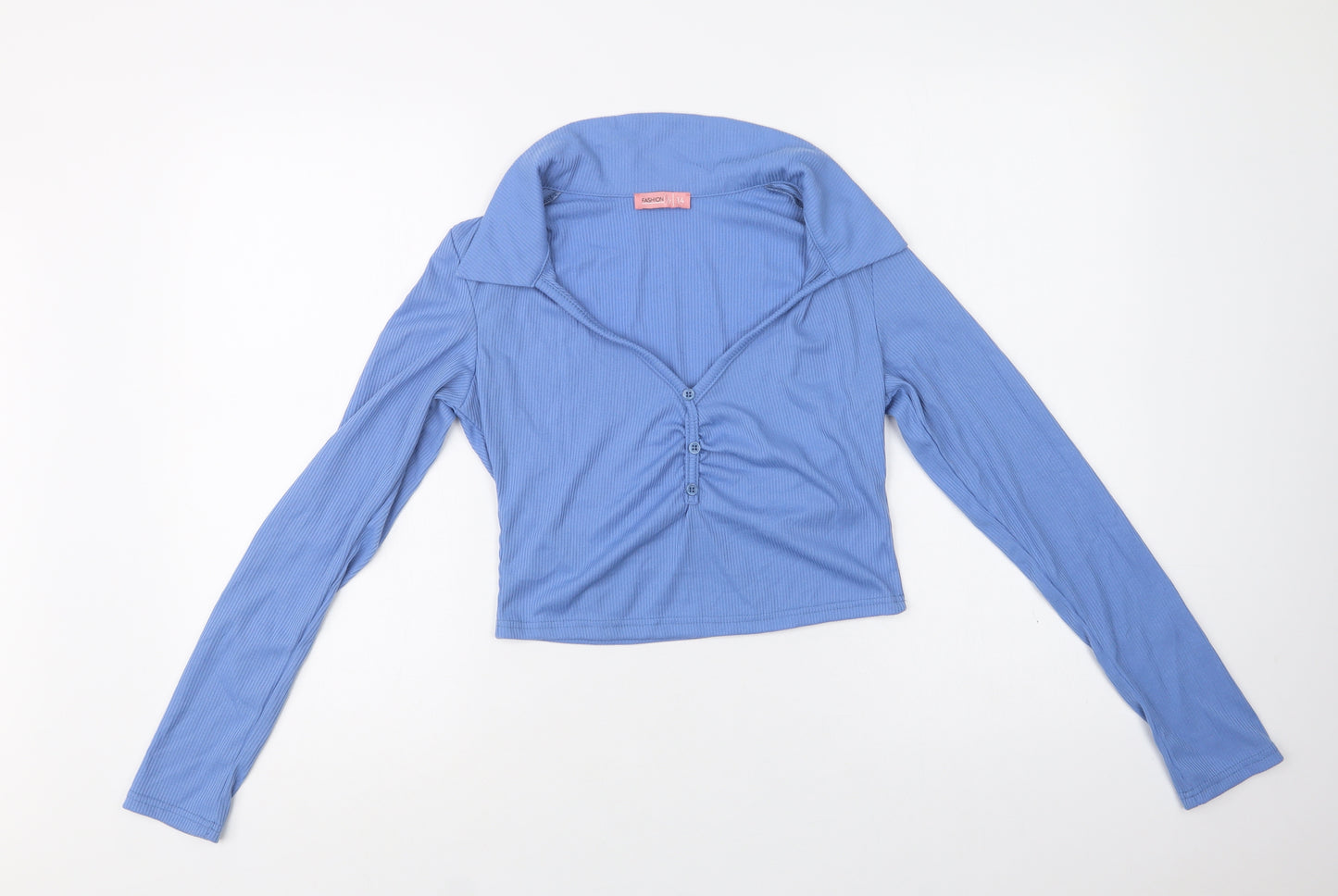Fashion Us Womens Blue  Polyester Cropped Blouse Size 14 Collared