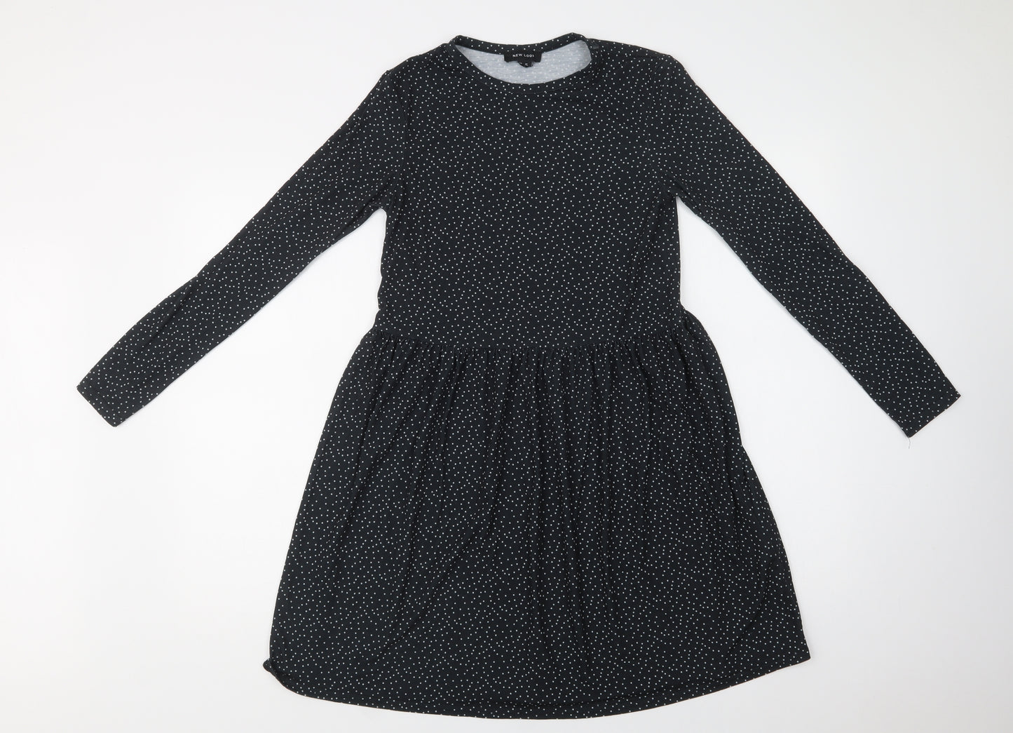 New Look Womens Black Polka Dot Polyester Fit & Flare  Size 10  Crew Neck