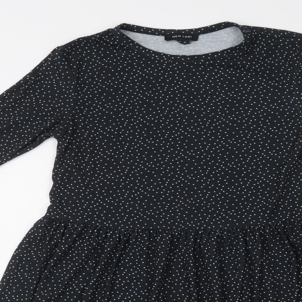 New Look Womens Black Polka Dot Polyester Fit & Flare  Size 10  Crew Neck