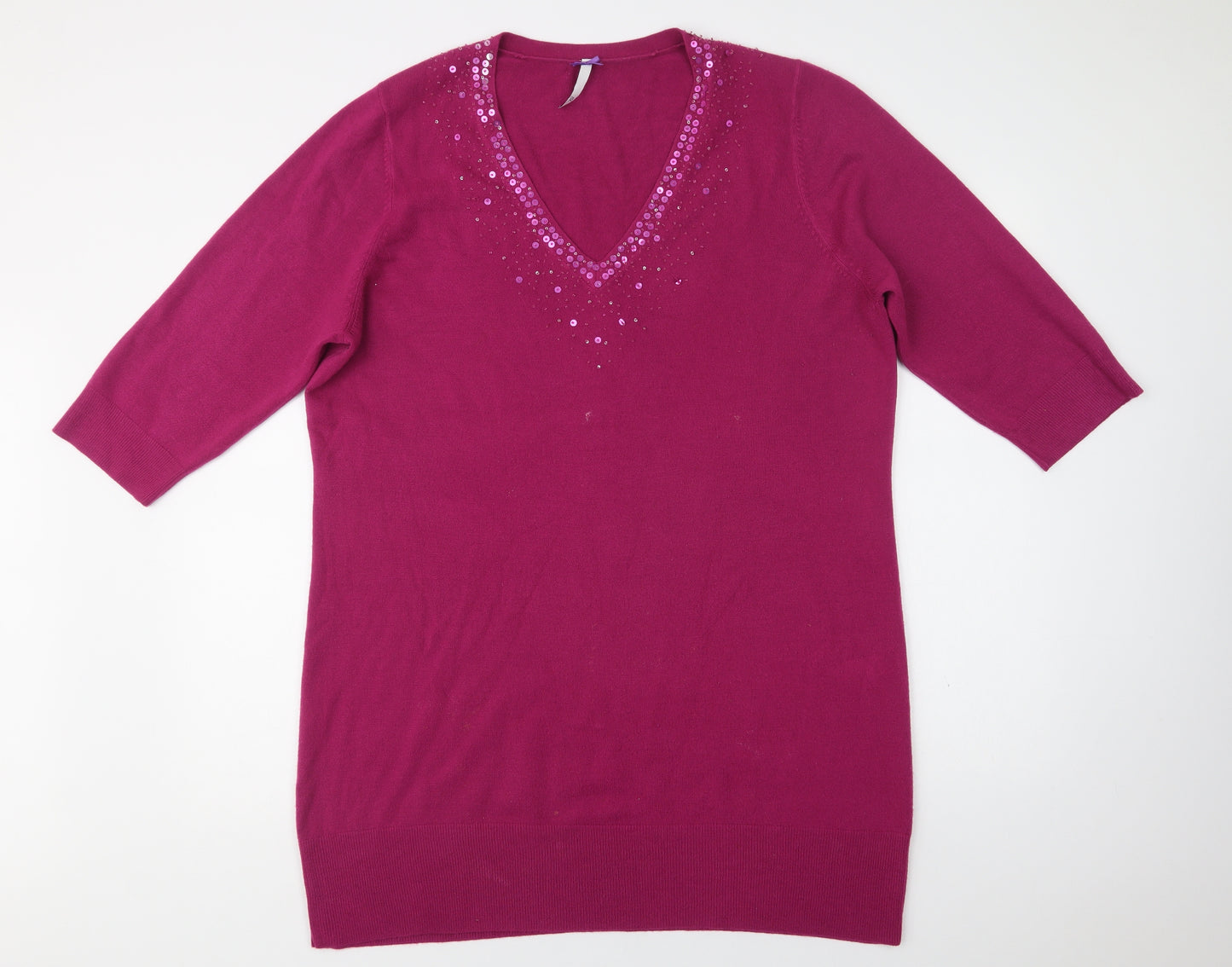 BHS Womens Purple V-Neck  Acrylic Tunic Jumper Size 22