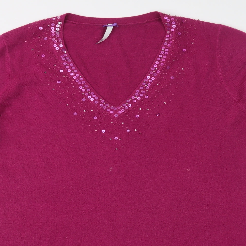 BHS Womens Purple V-Neck  Acrylic Tunic Jumper Size 22