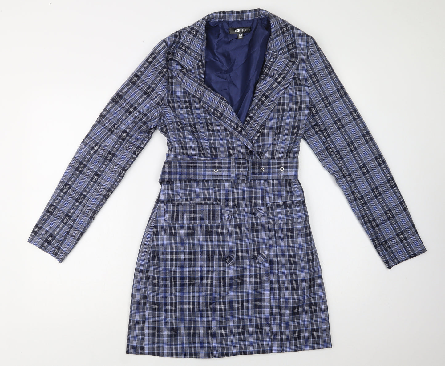 Missguided Womens Blue Check  Overcoat Coat Size 10  Button