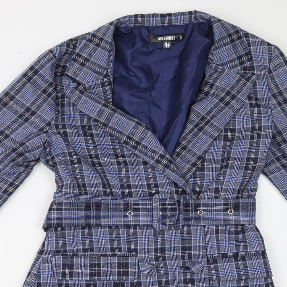 Missguided Womens Blue Check  Overcoat Coat Size 10  Button