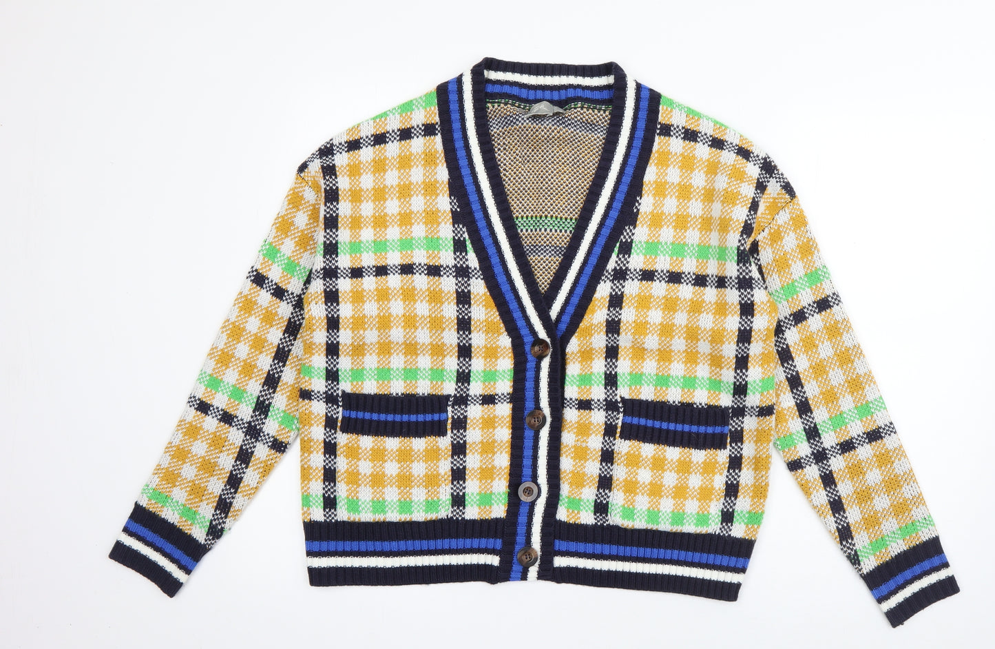 ASOS Womens Yellow V-Neck Check Acrylic Cardigan Jumper Size 8
