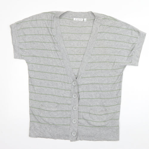 Aphorism Womens Grey V-Neck Striped Cotton Cardigan Jumper Size 14