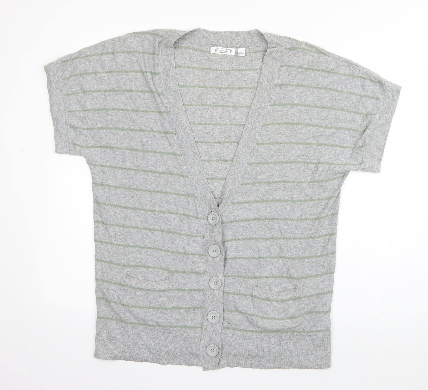Aphorism Womens Grey V-Neck Striped Cotton Cardigan Jumper Size 14
