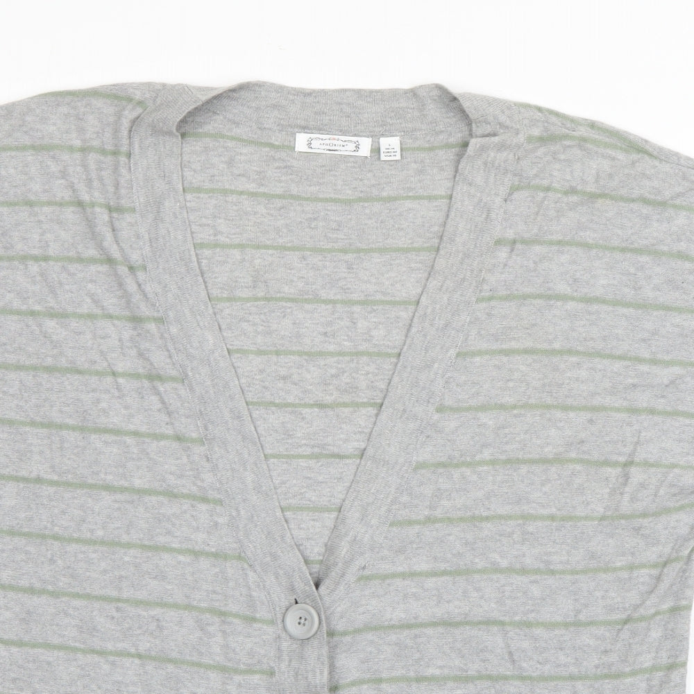 Aphorism Womens Grey V-Neck Striped Cotton Cardigan Jumper Size 14