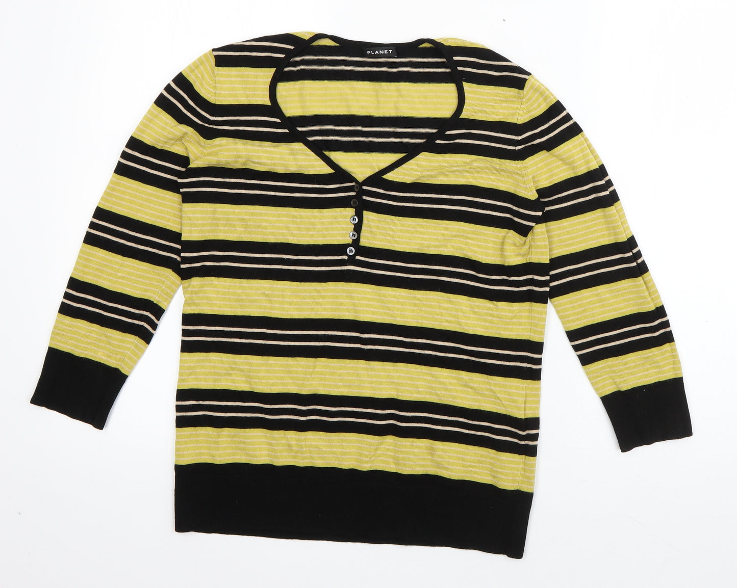 Planet  Womens Green Striped Viscose Basic T-Shirt Size S V-Neck