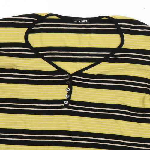 Planet  Womens Green Striped Viscose Basic T-Shirt Size S V-Neck