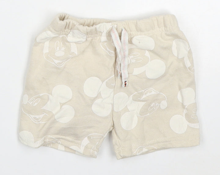 Primark Baby Beige Cotton Sweatpants Trousers Size 9-12 Months Drawstring - Mickey Mouse Sweat Shorts