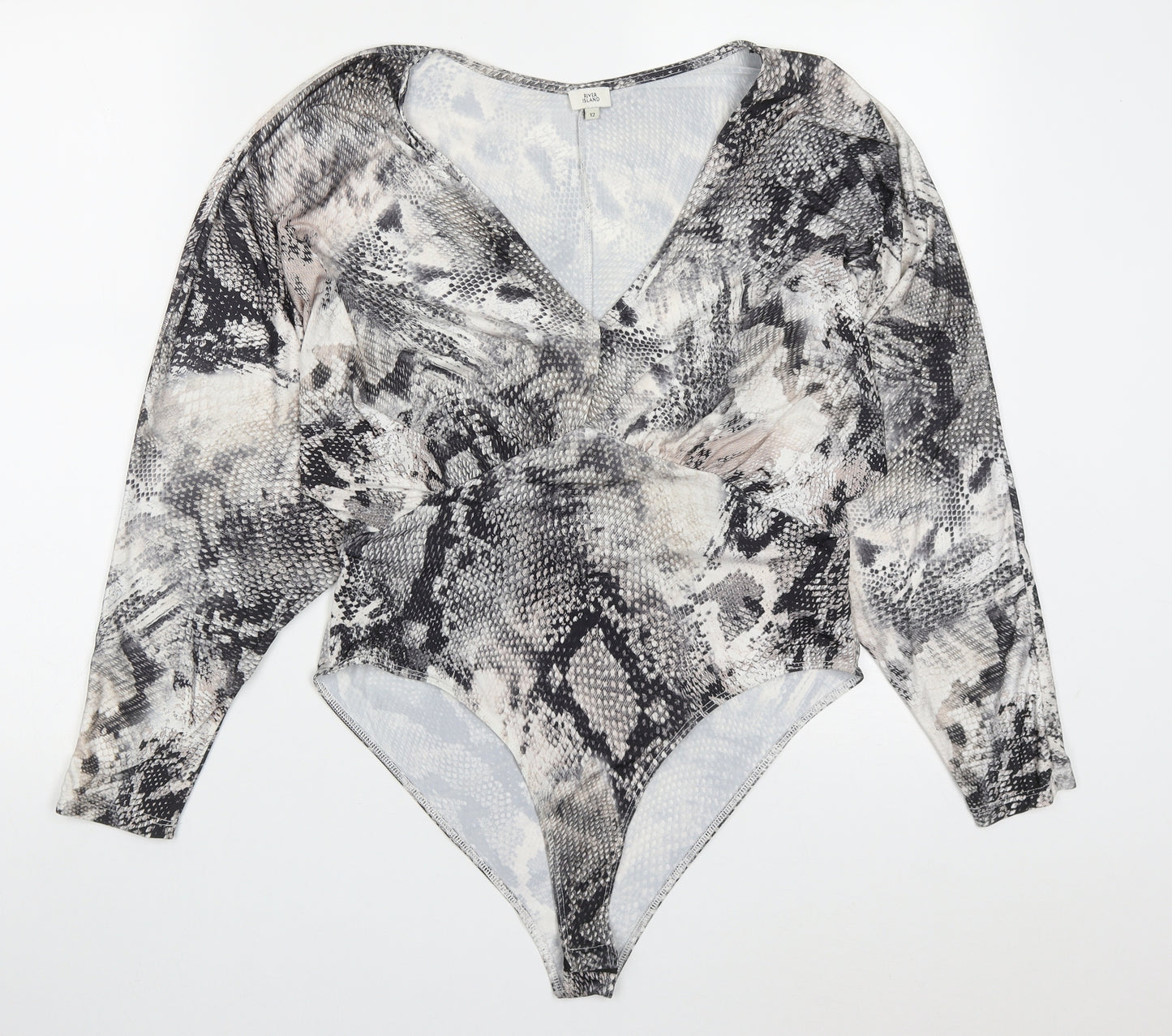 River Island Womens Grey Animal Print Polyester Bodysuit One-Piece Size 12  Button