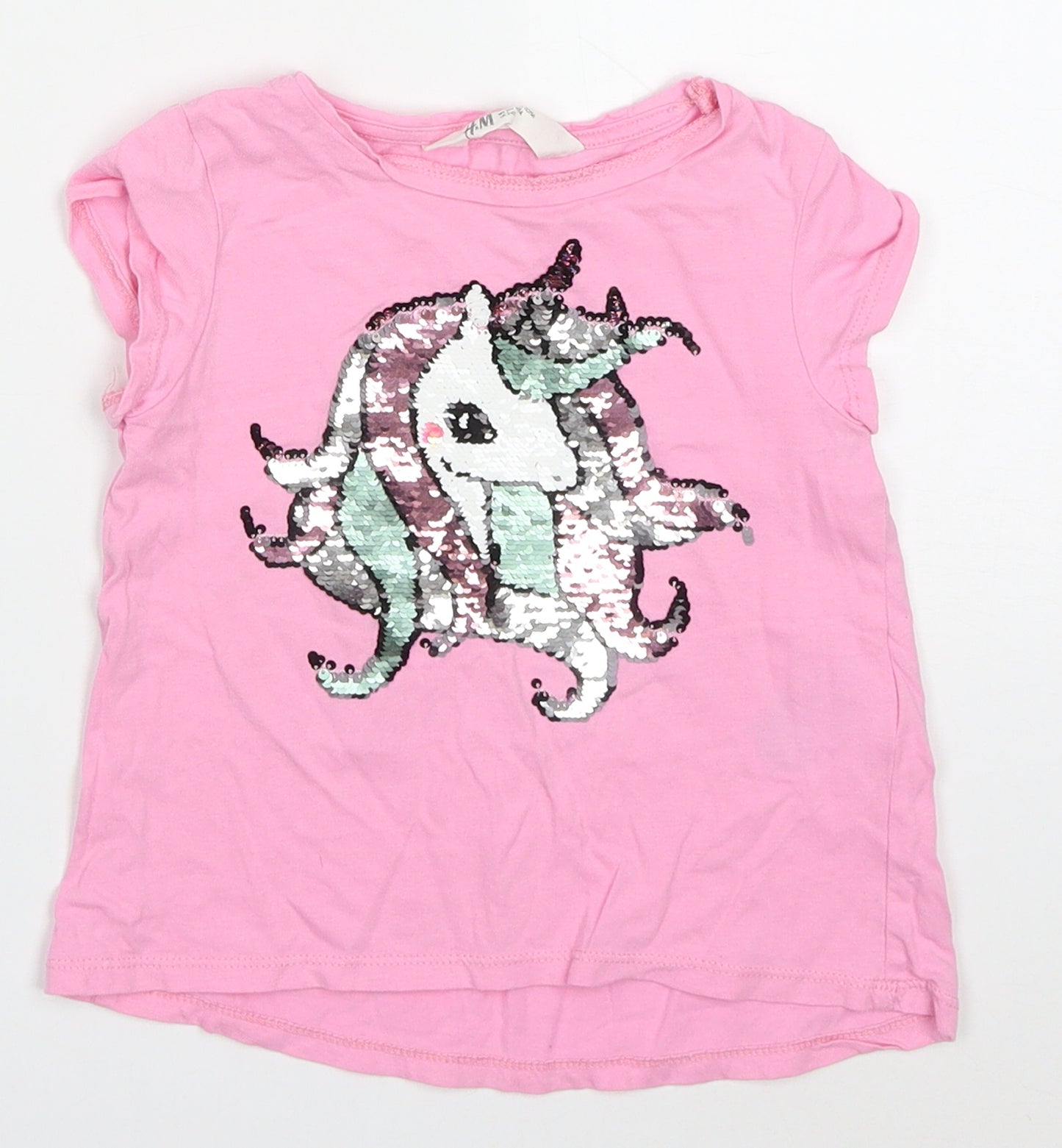H&M Girls Pink  Cotton Basic T-Shirt Size 3-4 Years Crew Neck Pullover - Unicorns