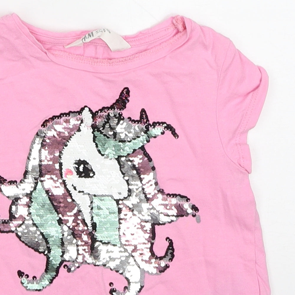 H&M Girls Pink  Cotton Basic T-Shirt Size 3-4 Years Crew Neck Pullover - Unicorns