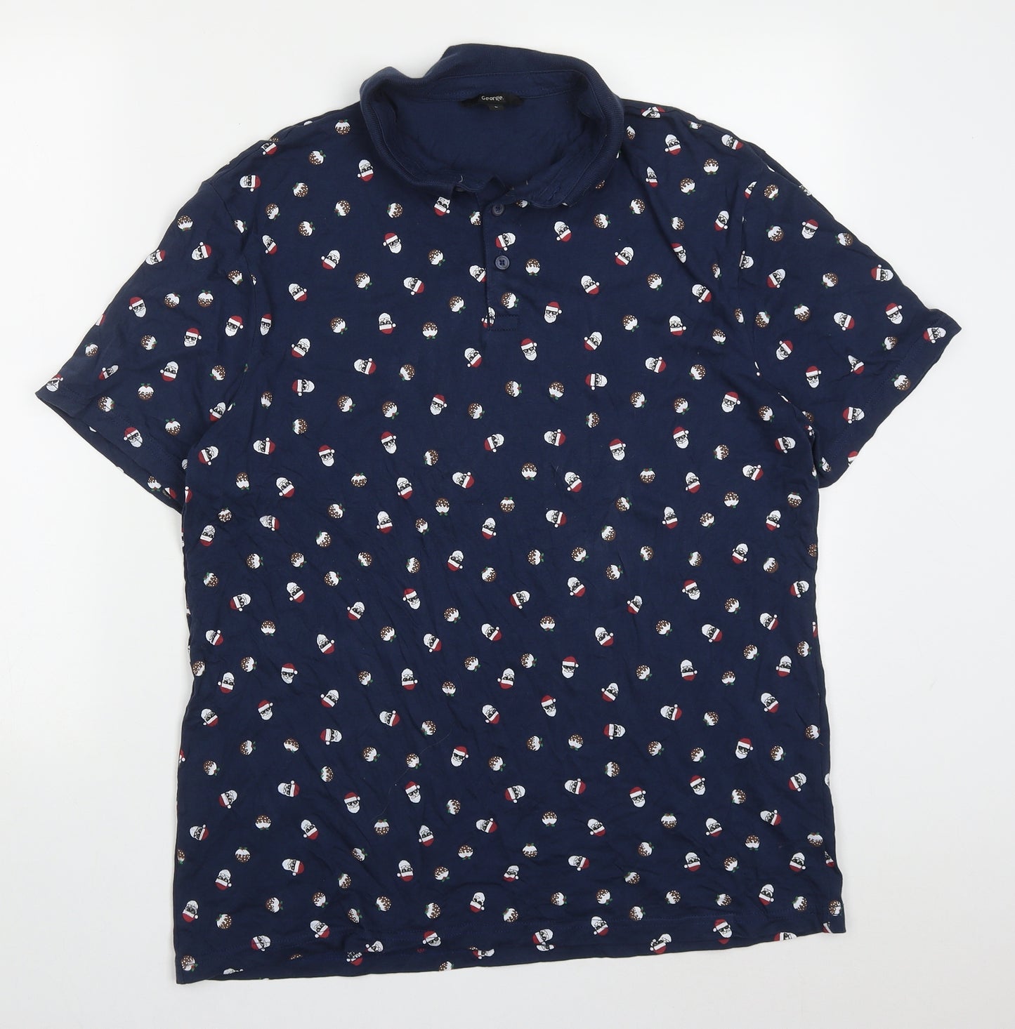George Mens Blue  Cotton  Polo Size L Collared Pullover - Christmas Prints