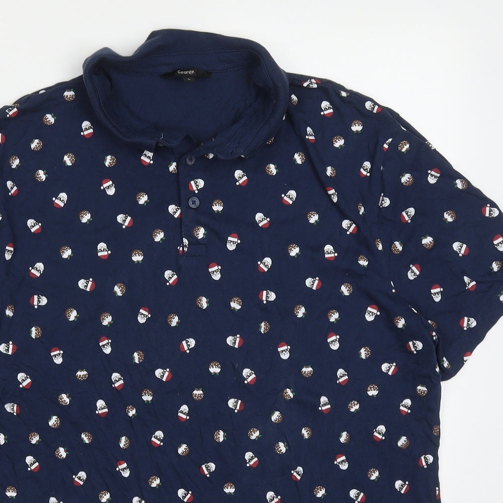 George Mens Blue  Cotton  Polo Size L Collared Pullover - Christmas Prints