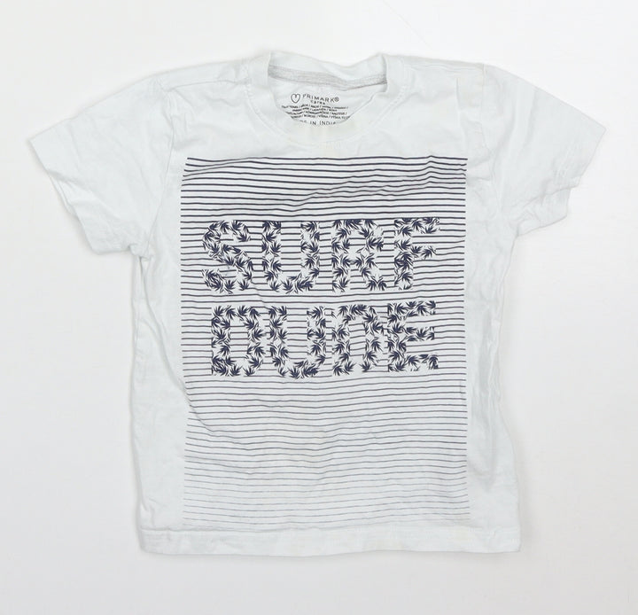 Primark Boys White  Cotton Basic T-Shirt Size 18-24 Months Crew Neck Pullover - Surf Dude