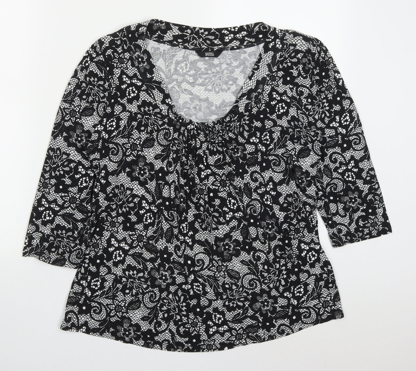 Marks and Spencer Womens Black Floral Viscose Basic T-Shirt Size 16 Round Neck