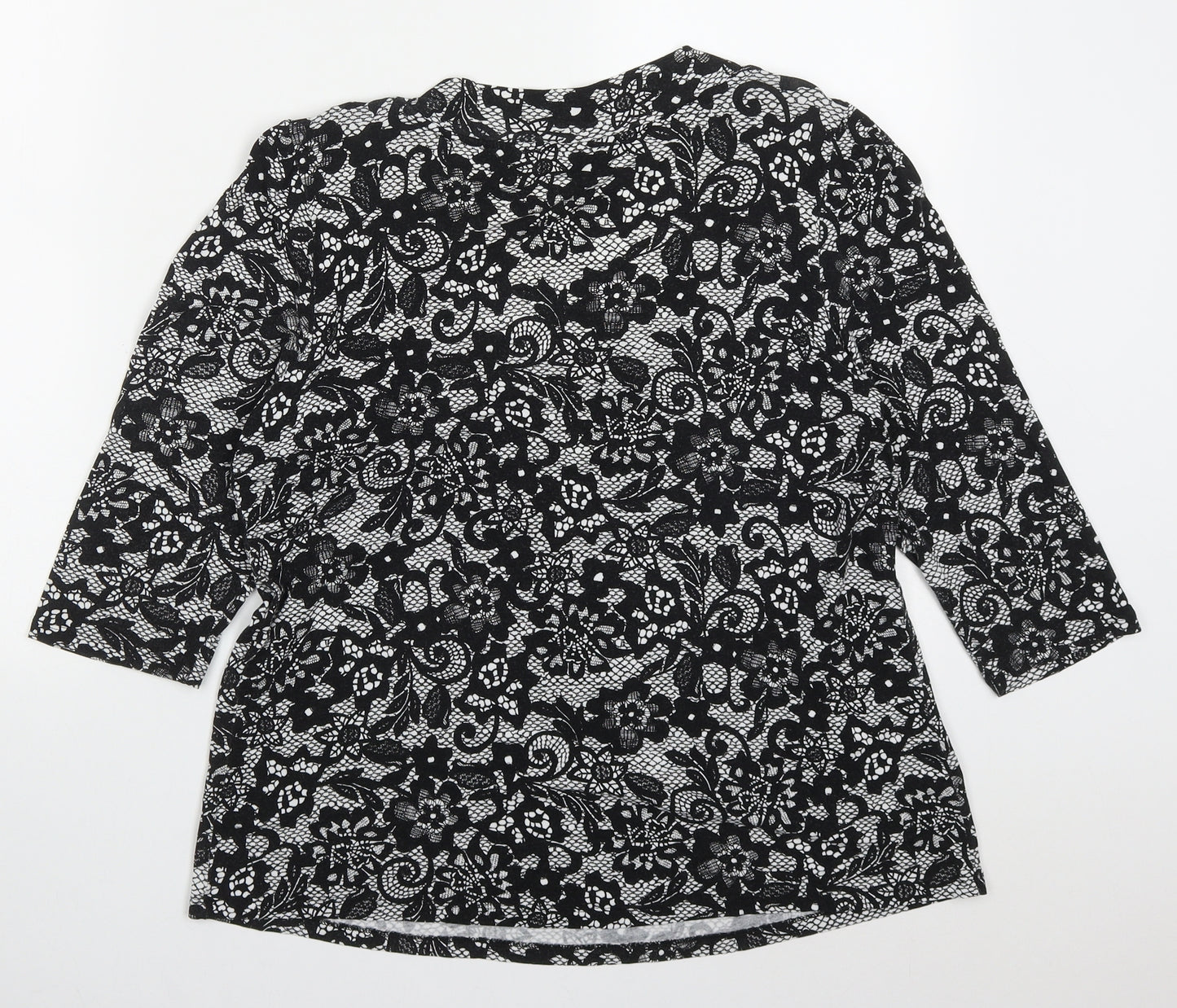 Marks and Spencer Womens Black Floral Viscose Basic T-Shirt Size 16 Round Neck