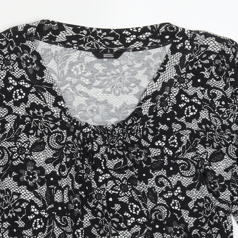 Marks and Spencer Womens Black Floral Viscose Basic T-Shirt Size 16 Round Neck