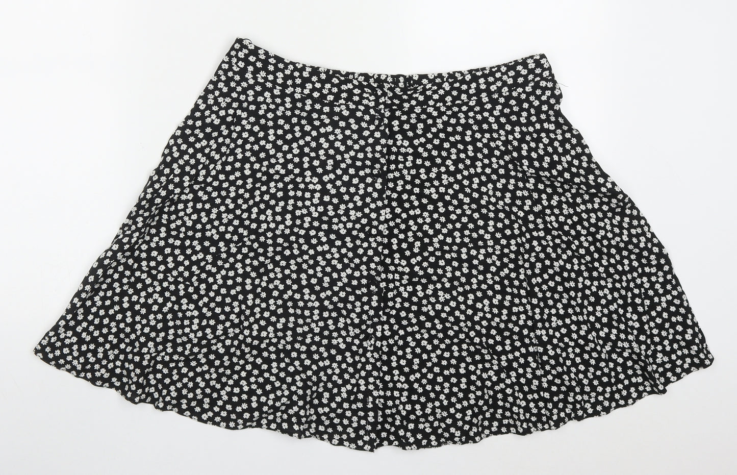 New Look Womens Black Floral Viscose Skater Skirt Size 14   Button