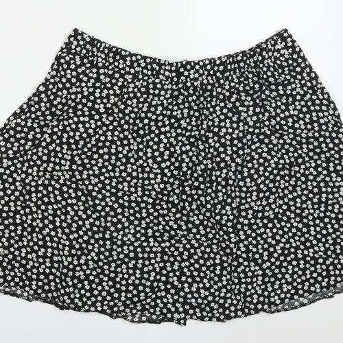 New Look Womens Black Floral Viscose Skater Skirt Size 14   Button