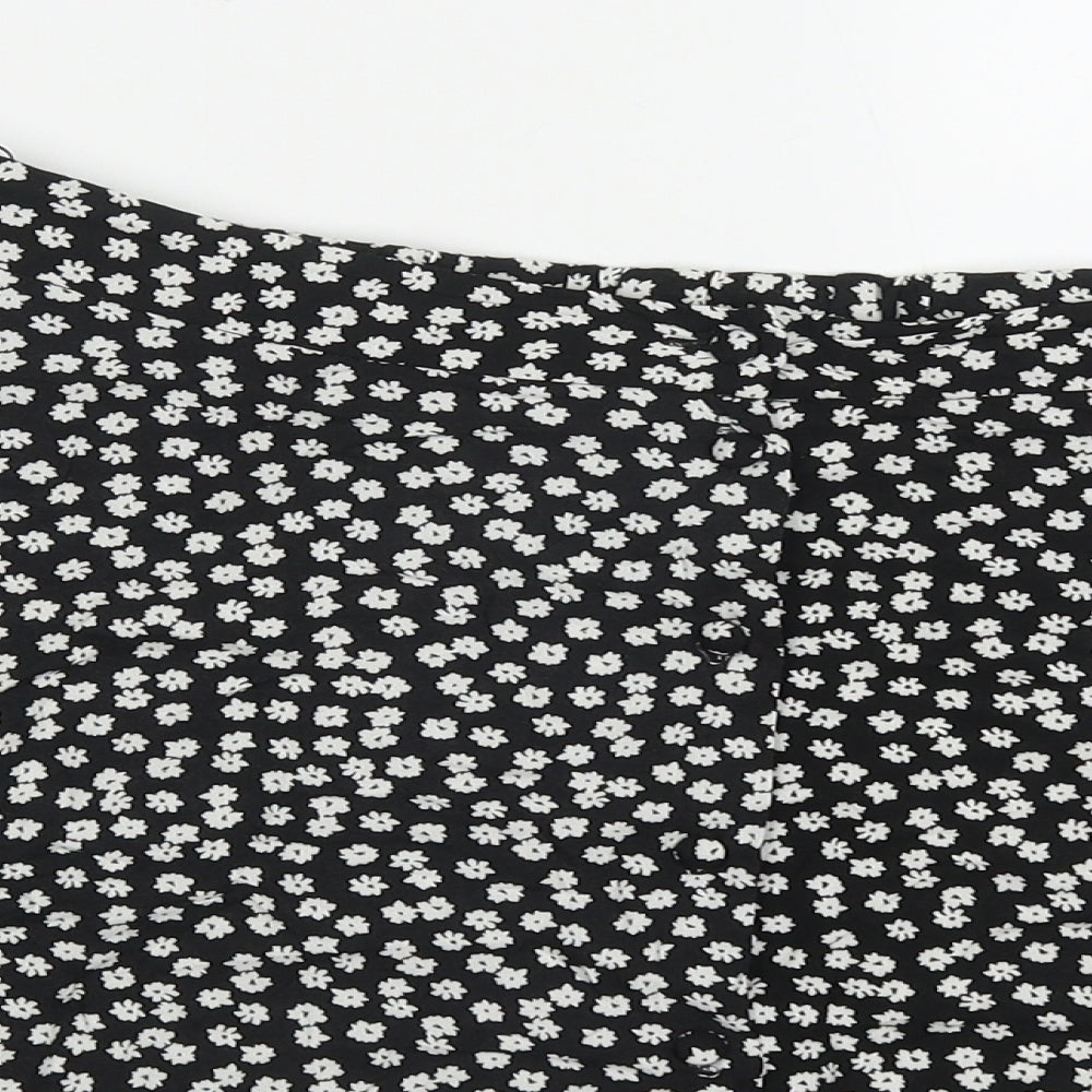 New Look Womens Black Floral Viscose Skater Skirt Size 14   Button