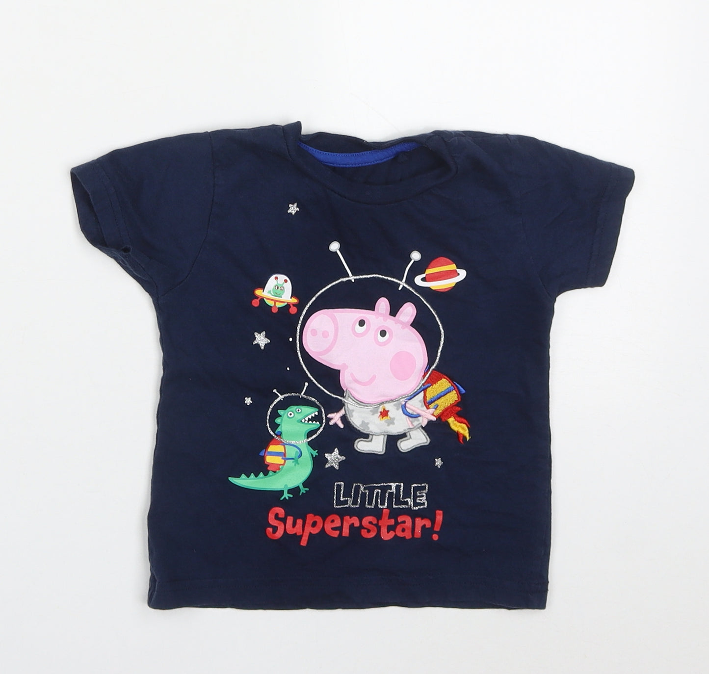 TJM Boys Blue  Cotton Basic T-Shirt Size 2-3 Years Crew Neck Pullover - Peppa Pig Superstar Space