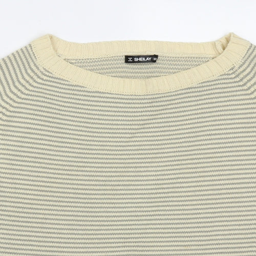 Sheilay Womens Beige Round Neck Striped Acrylic Pullover Jumper Size S