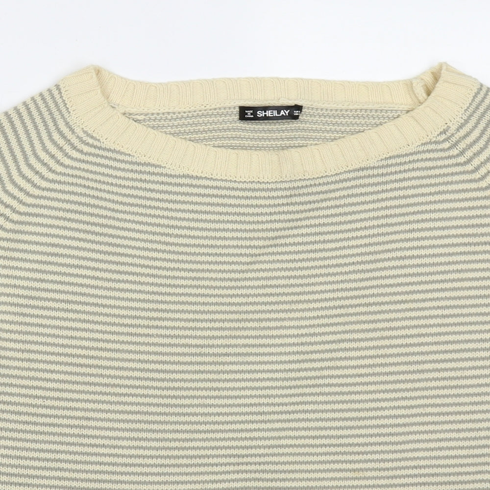 Sheilay Womens Beige Round Neck Striped Acrylic Pullover Jumper Size S