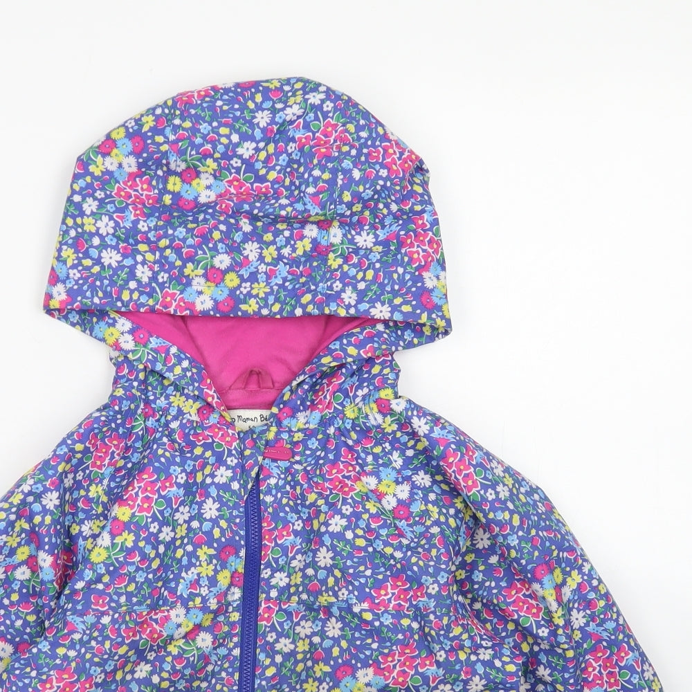 JoJo Maman Bébé Girls Blue Floral  Rain Coat Jacket Size 5-6 Years  Zip - PU Coating
