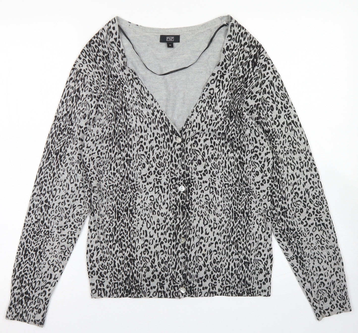 F&F Womens Grey V-Neck Animal Print Acrylic Cardigan Jumper Size M
