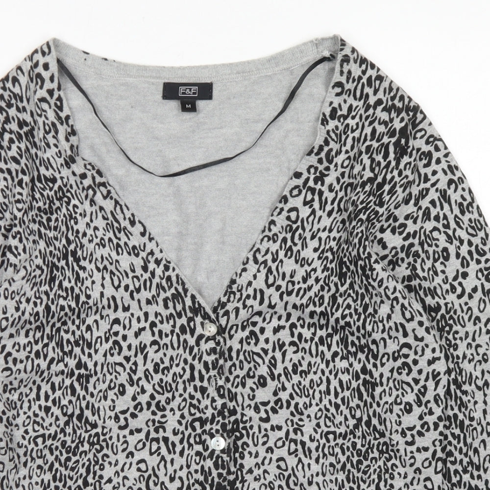 F&F Womens Grey V-Neck Animal Print Acrylic Cardigan Jumper Size M