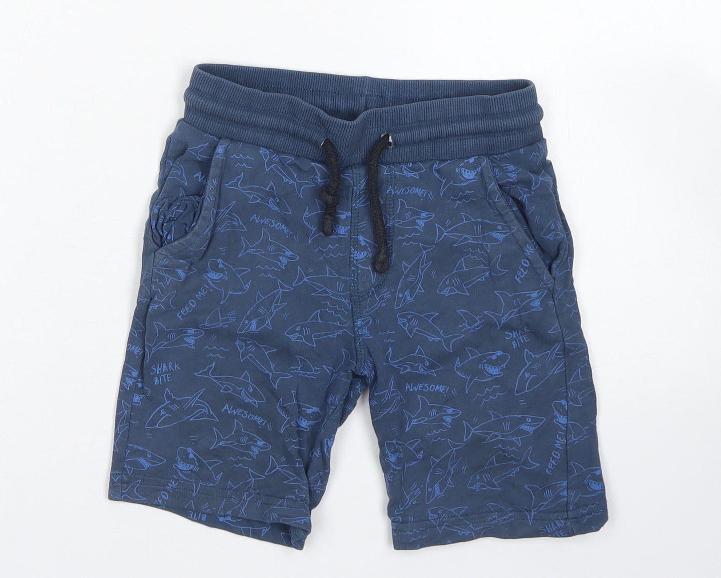 F&F Boys Blue  Cotton Sweat Shorts Size 4-5 Years  Regular Drawstring - Shark Print
