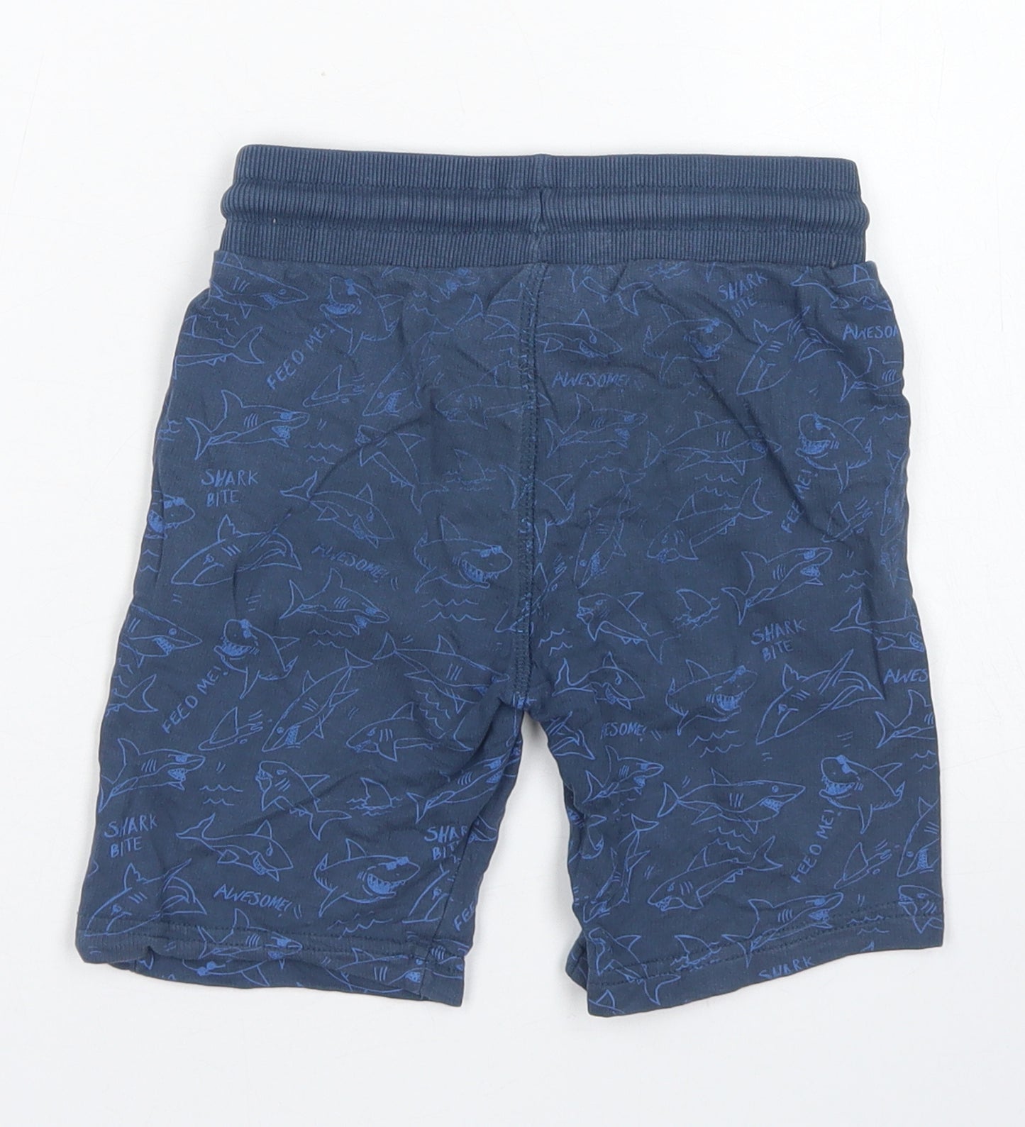 F&F Boys Blue  Cotton Sweat Shorts Size 4-5 Years  Regular Drawstring - Shark Print