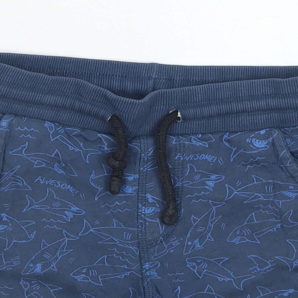 F&F Boys Blue  Cotton Sweat Shorts Size 4-5 Years  Regular Drawstring - Shark Print