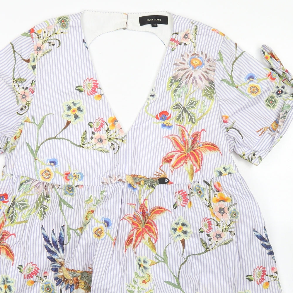 River Island Womens Blue Floral Cotton Playsuit One-Piece Size 10  Button - Open Back