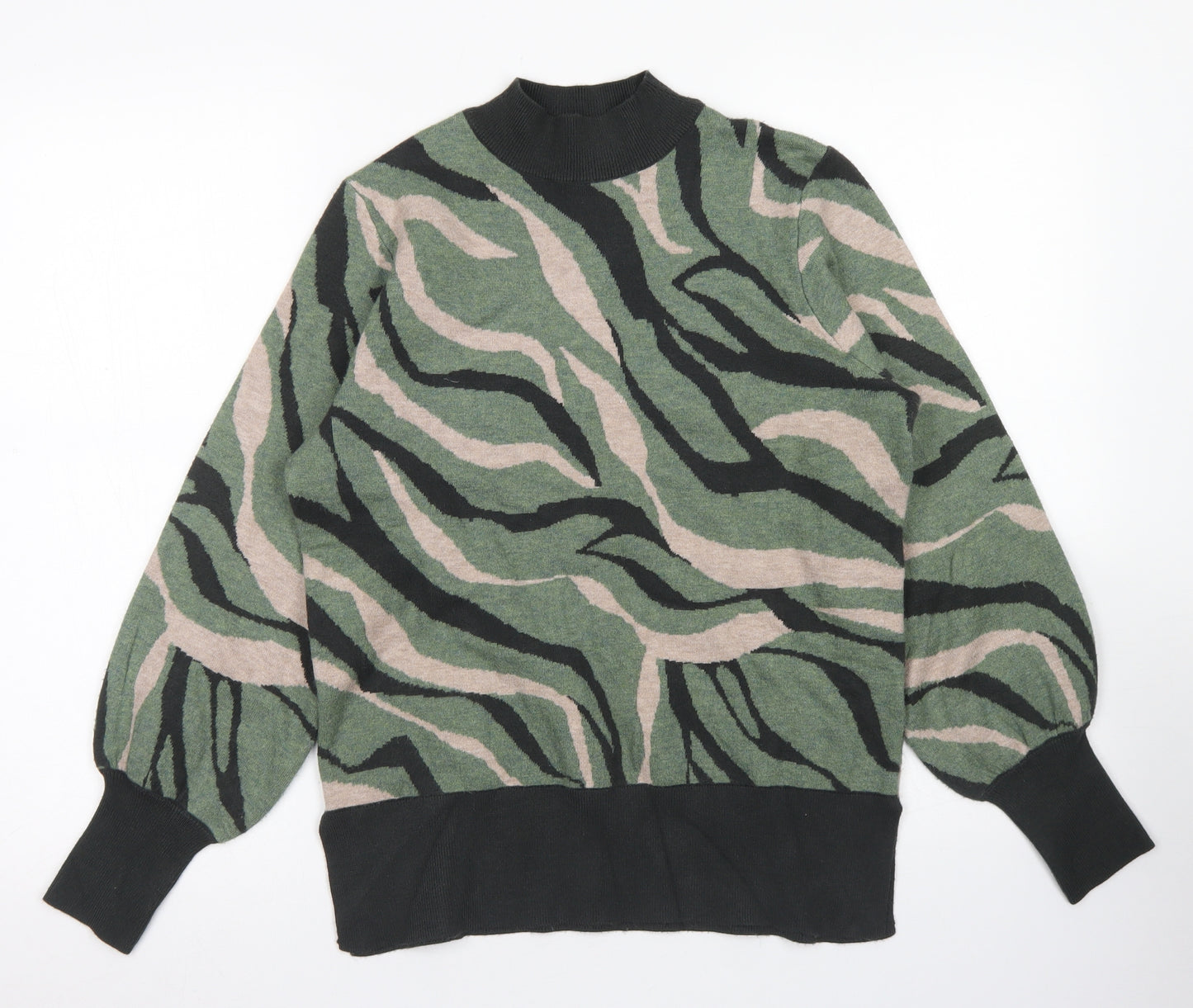 M&S Womens Green Mock Neck Animal Print Viscose Pullover Jumper Size M