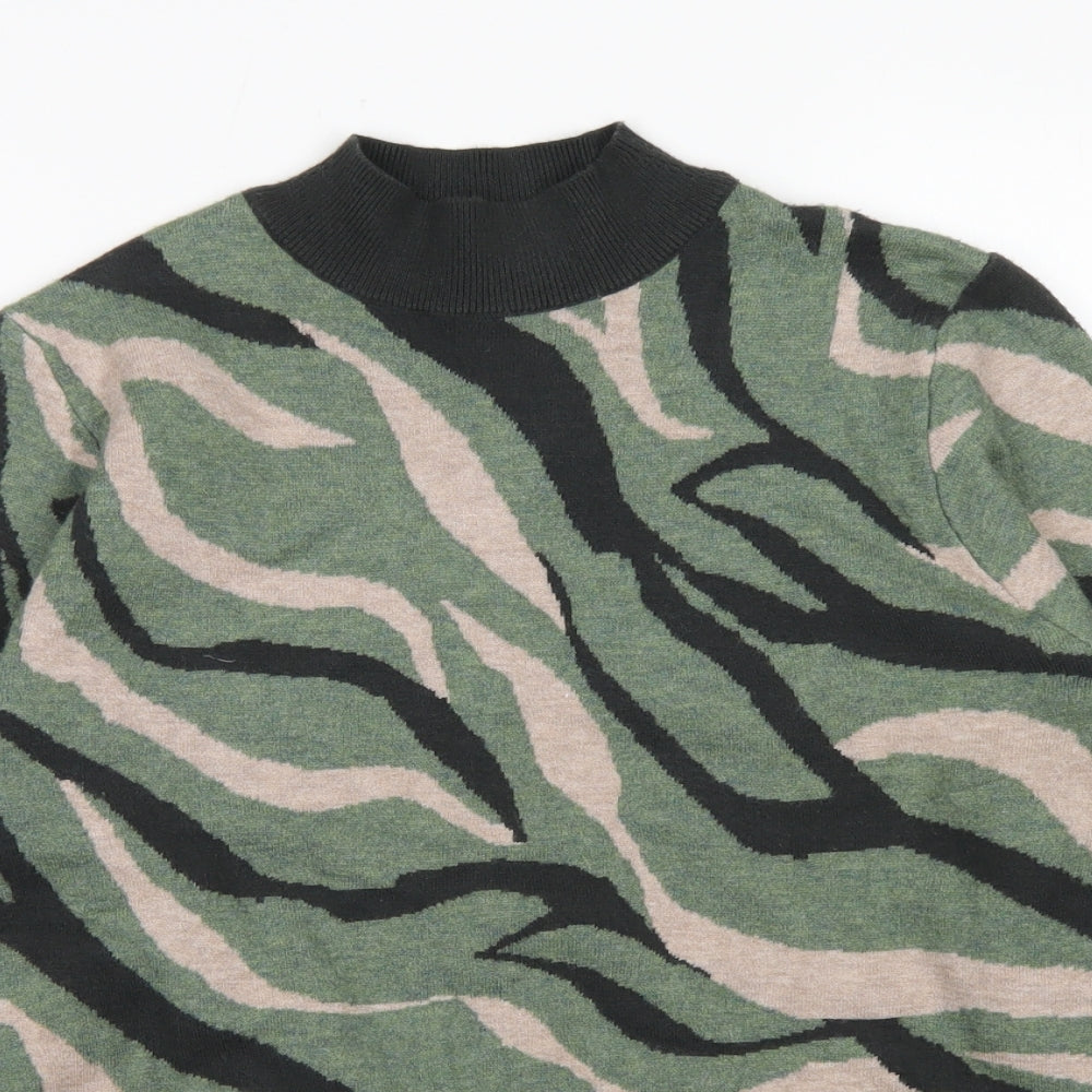 M&S Womens Green Mock Neck Animal Print Viscose Pullover Jumper Size M
