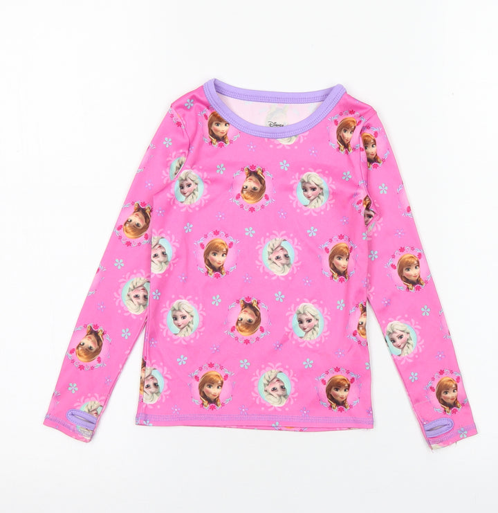 CuddlDuds Girls Pink Spotted Polyester Basic T-Shirt Size 3 Years Crew Neck  - Frozen, Anna & Elsa