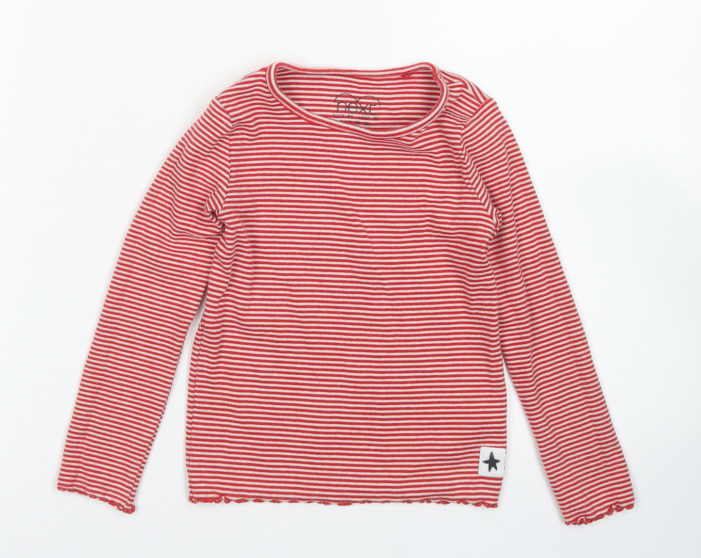 NEXT Girls Red Striped Cotton Basic T-Shirt Size 3-4 Years Crew Neck  - Lettuce Edging
