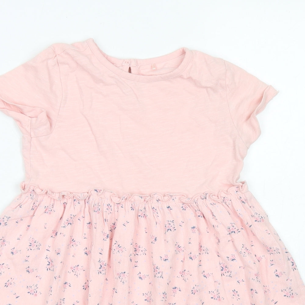 George Girls Pink Floral Cotton Skater Dress  Size 4-5 Years  Crew Neck Button