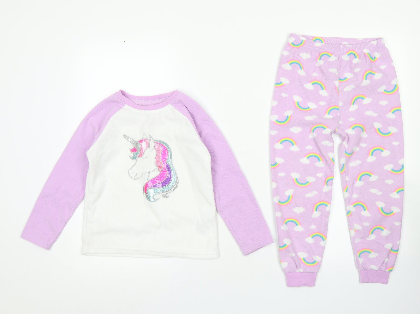 Primark Girls Purple Colourblock Polyester Top Pyjama Set Size 4-5 Years   - Unicorn