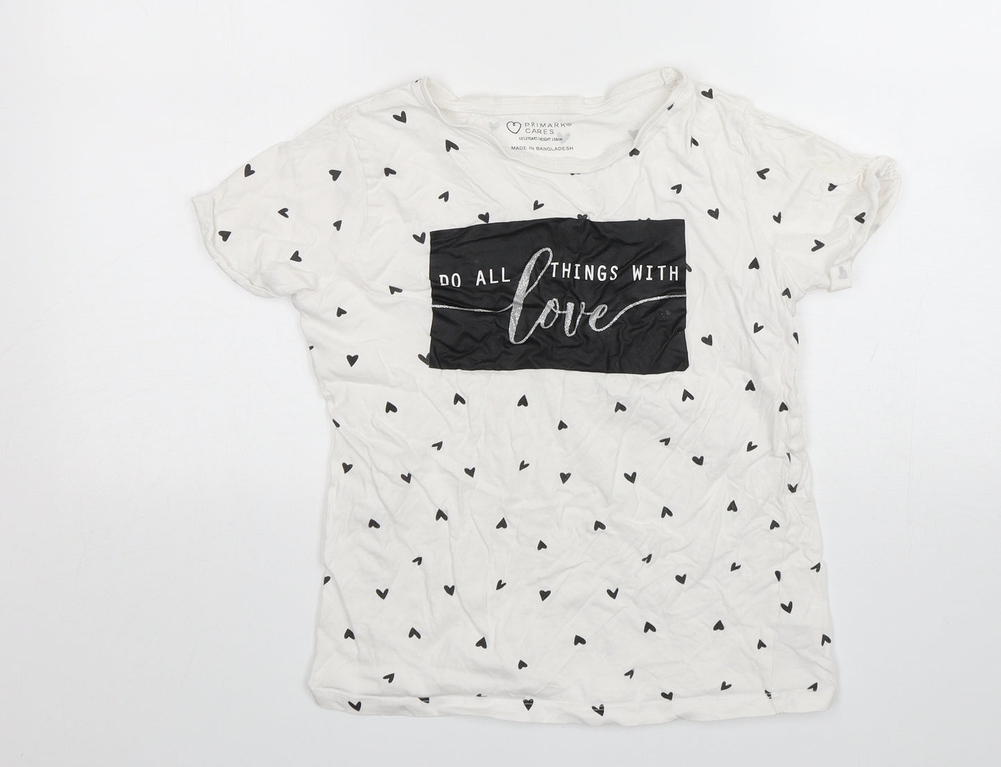 Primark Girls White Polka Dot Cotton Basic T-Shirt Size 12-13 Years Round Neck