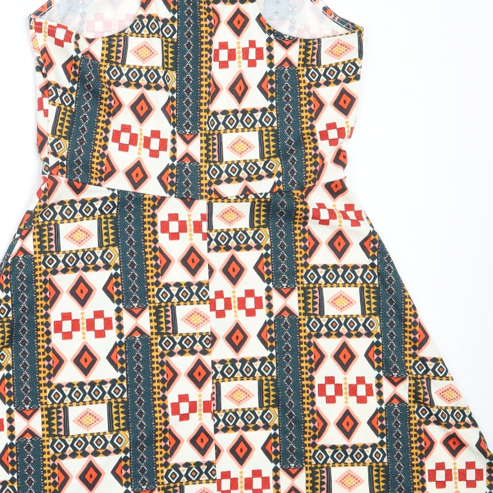 H&M Womens Orange Geometric Polyester Fit & Flare  Size M  Round Neck