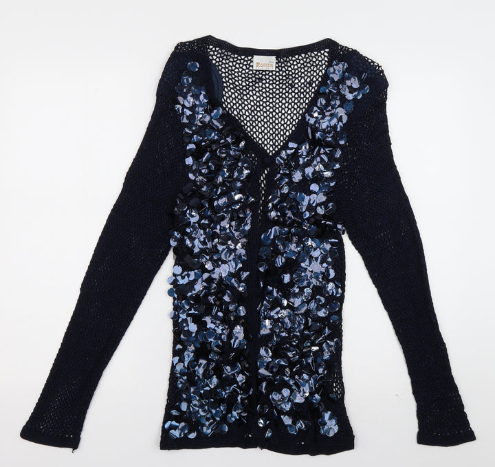 Roman Womens Blue V-Neck  Viscose Cardigan Jumper Size S