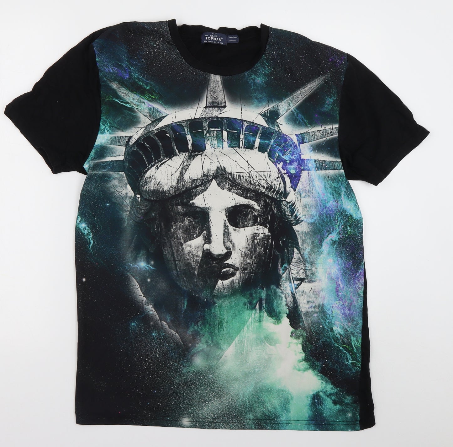Topman Mens Green Geometric Polyester  T-Shirt Size M Crew Neck