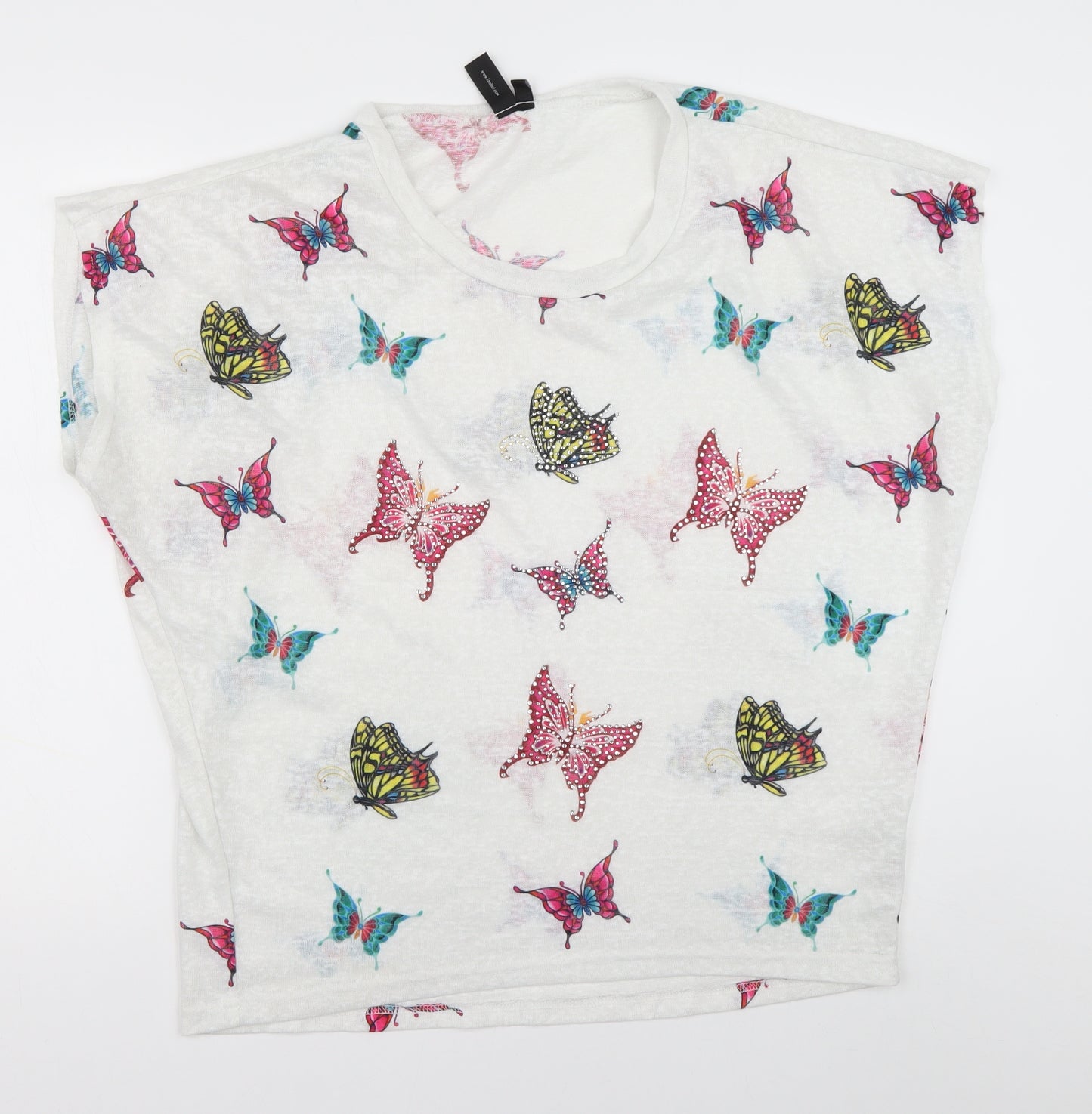 izabel london Womens White Geometric Polyester Basic T-Shirt Size 14 Crew Neck - Butterflies print