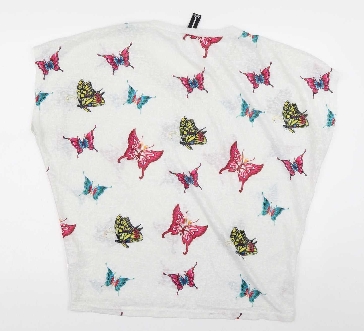 izabel london Womens White Geometric Polyester Basic T-Shirt Size 14 Crew Neck - Butterflies print