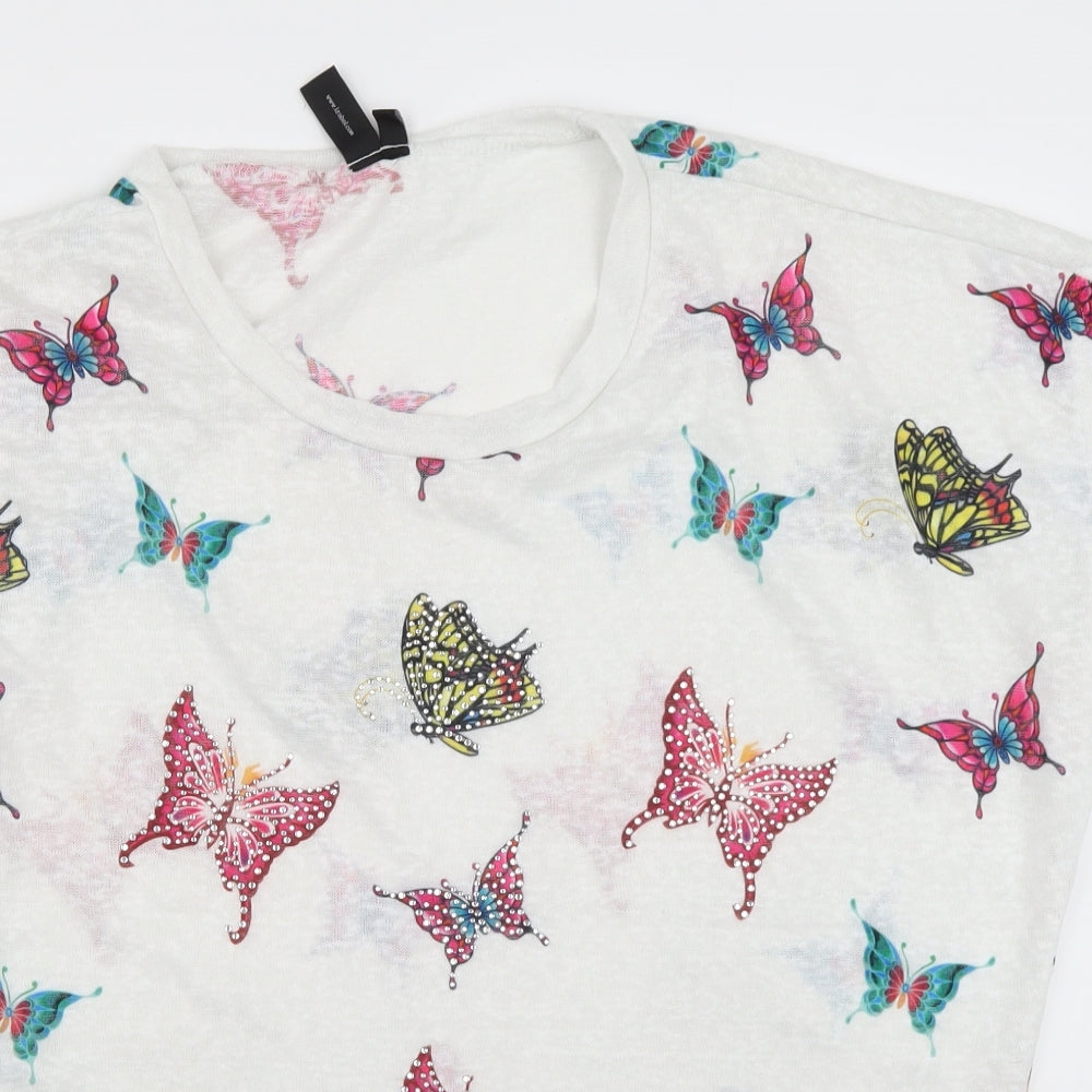 izabel london Womens White Geometric Polyester Basic T-Shirt Size 14 Crew Neck - Butterflies print