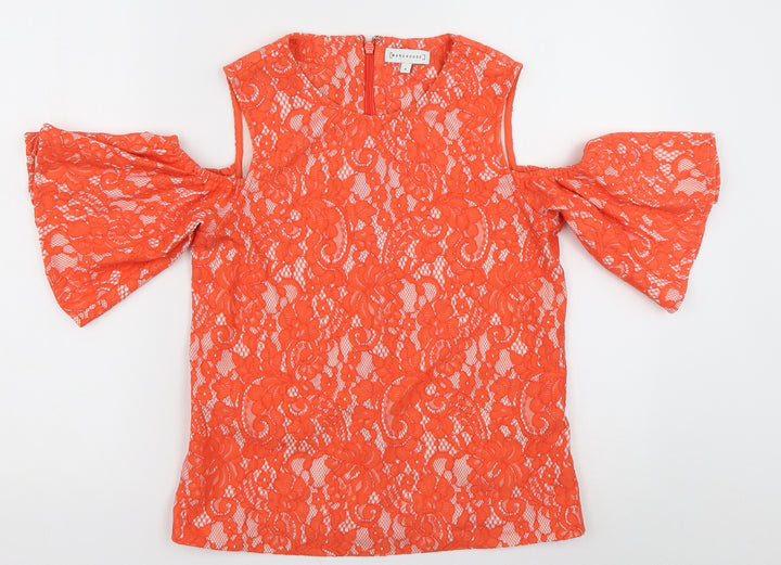 Warehouse Womens Orange Geometric Cotton Basic Blouse Size 8 Crew Neck - cold shoudler